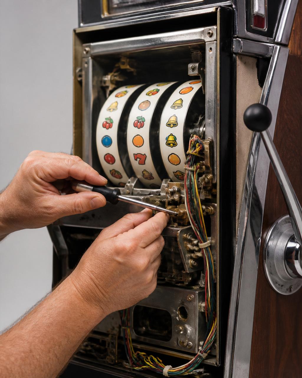 Technician hands mid-repair on a vintage slot machine reel mechanism